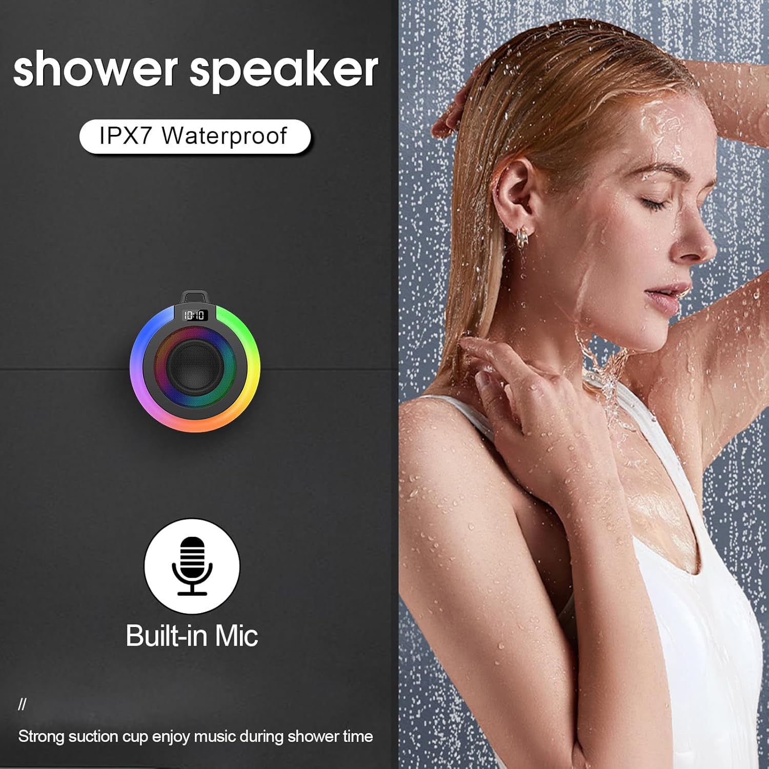 WXQZXO Bluetooth Shower Speaker | IPX7 Waterproof | Stereo Sound | 8H Playtime | Suction Cup & Lights - Zeta Store