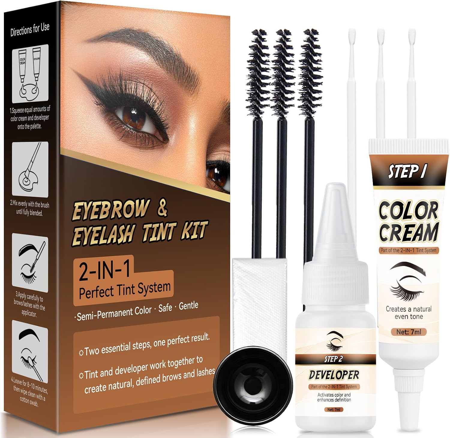 Wansiven 2-in-1 Eyebrow & Eyelash Tint Kit - Black - Long Lasting Semi-Permanent DIY Tint for Fuller Brows & Thicker Lashes - 7ml