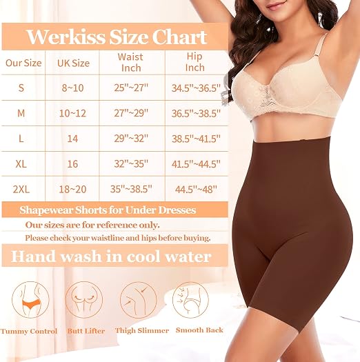 Werkiss High Waisted Tummy Control Shapewear Shorts - Anti-Roll Body Shaper Boyshorts, Seamless Control Knickers, Butt Lifter & Anti Chafing
