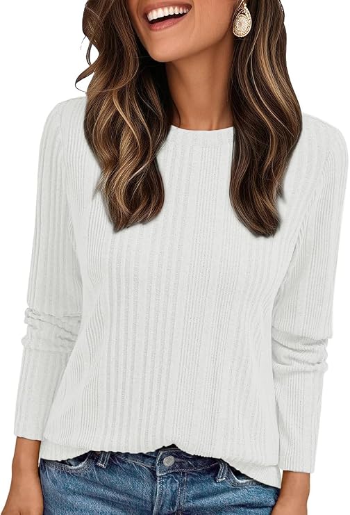 Suncife Womens Long Sleeve Ribbed Top - Dressy Casual Crew Neck Tunic T-Shirt - Soft Breathable Pullover Top