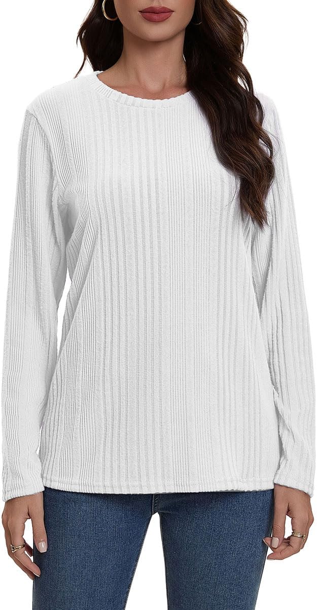 Suncife Womens Long Sleeve Ribbed Top - Dressy Casual Crew Neck Tunic T-Shirt - Soft Breathable Pullover Top