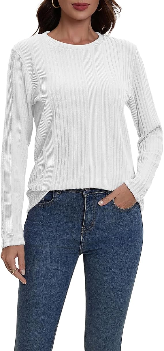 Suncife Womens Long Sleeve Ribbed Top - Dressy Casual Crew Neck Tunic T-Shirt - Soft Breathable Pullover Top