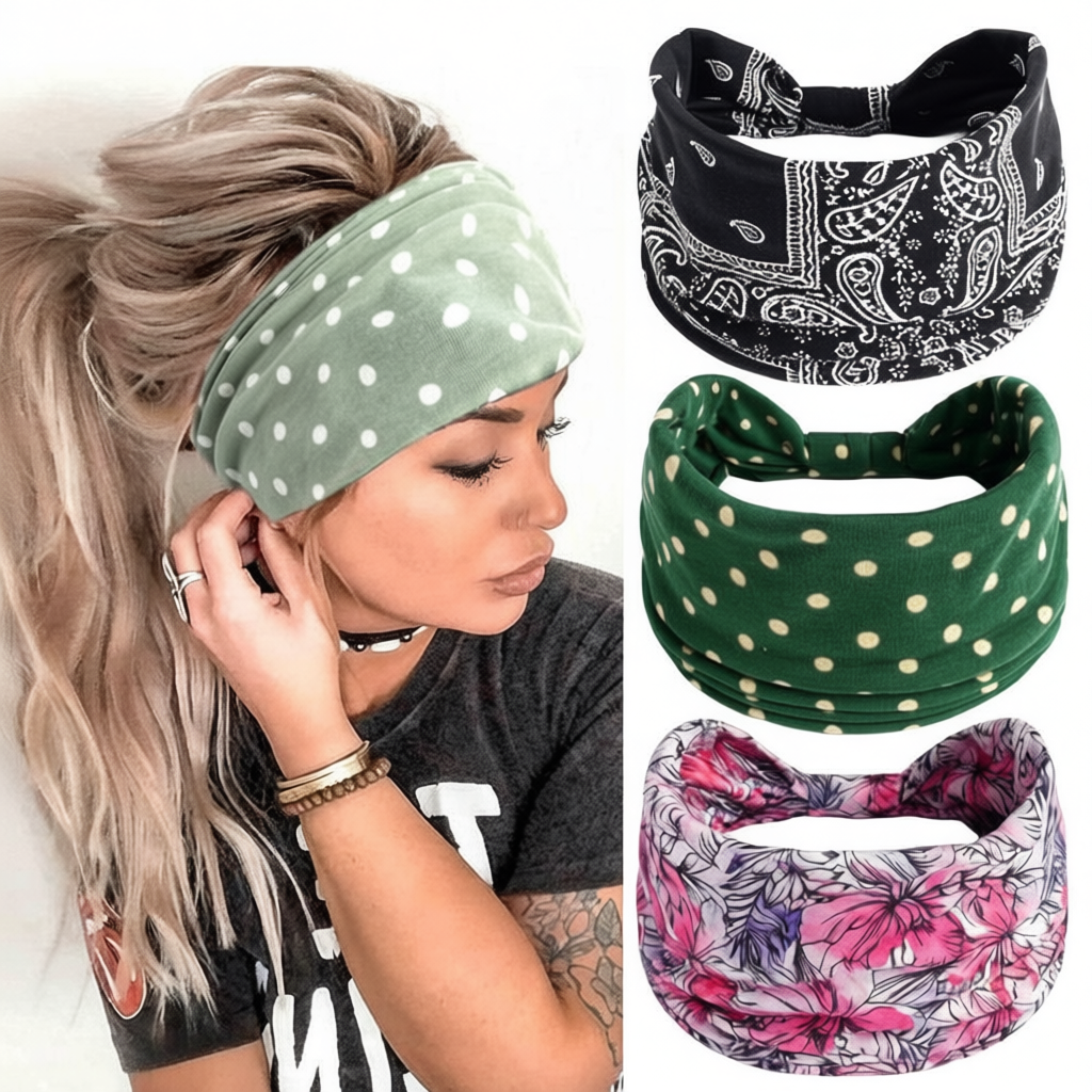 Scicent 3-Pack Wide Headbands for Women | Boho Stretchy Head Wraps | 6-in-1 Turban Twist & Sweatband | Black & Tie-Dye | One Size Fits Most | Brand New in Barn! 🎁