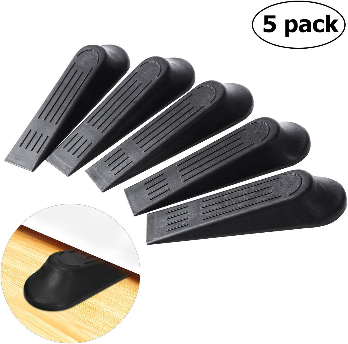 Winomo Door Wedge Stopper - Black (Pack of 5) - Heavy Duty Non-Slip Plastic Floor Door Stop Wedges for Home & Office