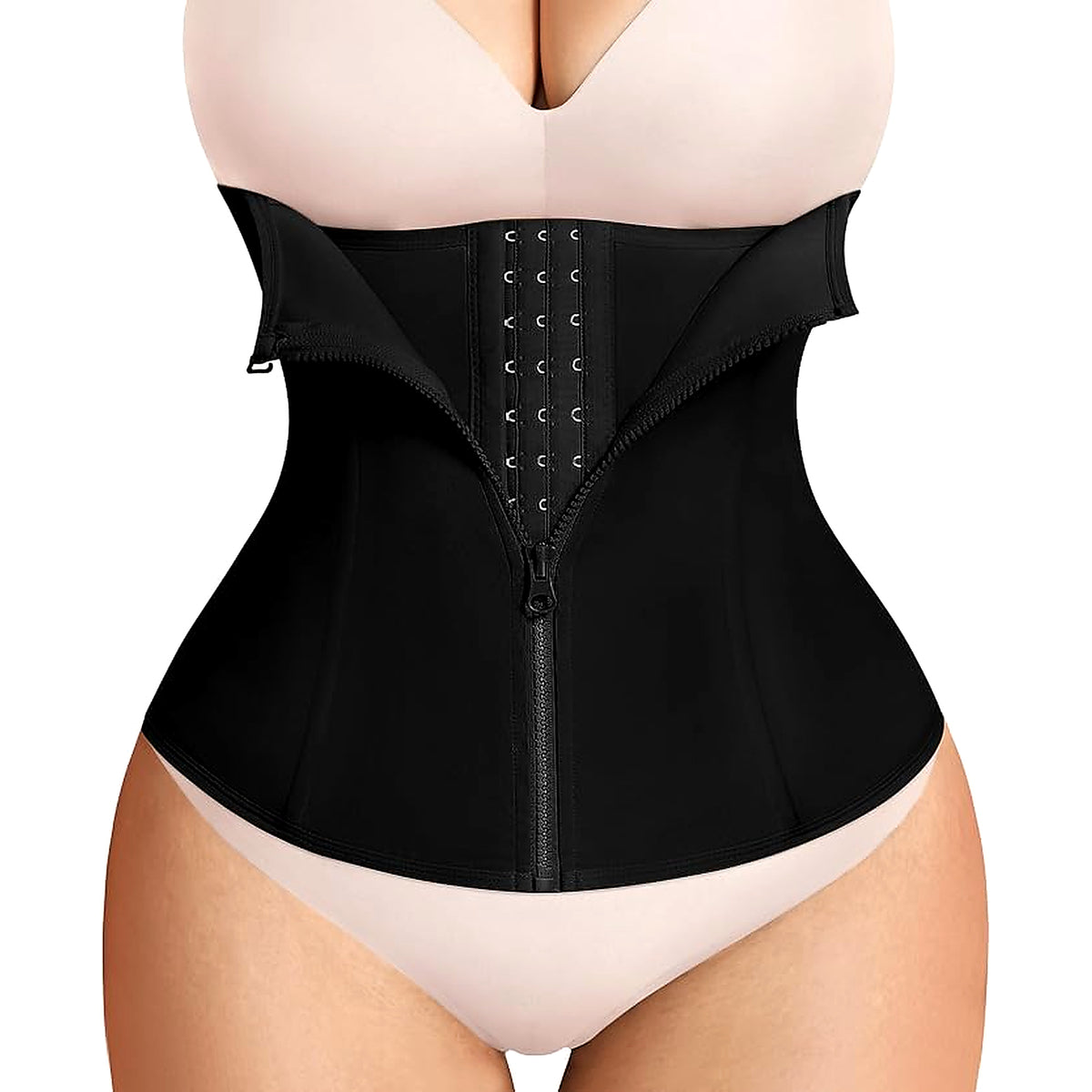 Women’s underbust waist trainer corset shapewear with adjustable hooks and zipper for tummy control and back support.