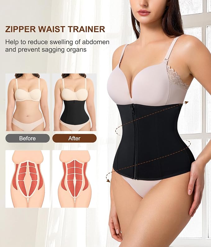 Women’s underbust waist trainer corset with sweat belt, adjustable hooks, zipper, and back support for tummy control and shaping.