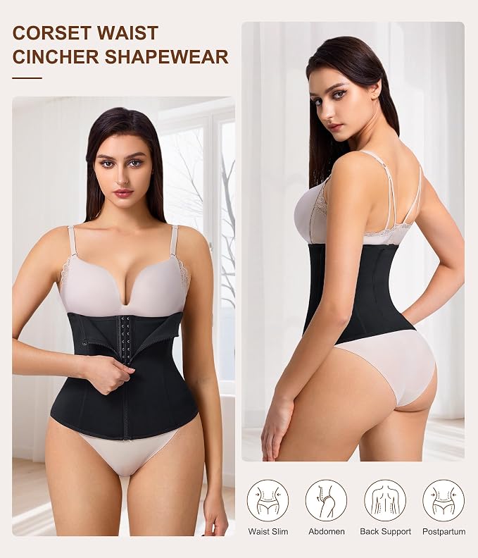 Women’s waist trainer corset underbust sweat belt shapewear with adjustable hooks and zipper for tummy control and back support.
