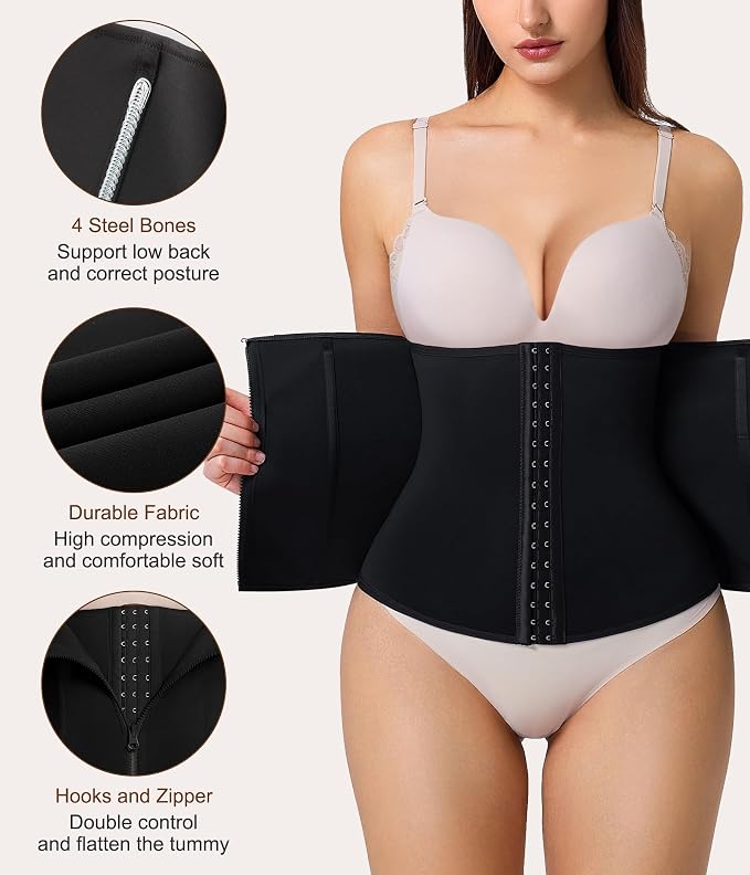 Women’s underbust waist trainer corset with adjustable hooks and zipper, providing tummy control and back support.