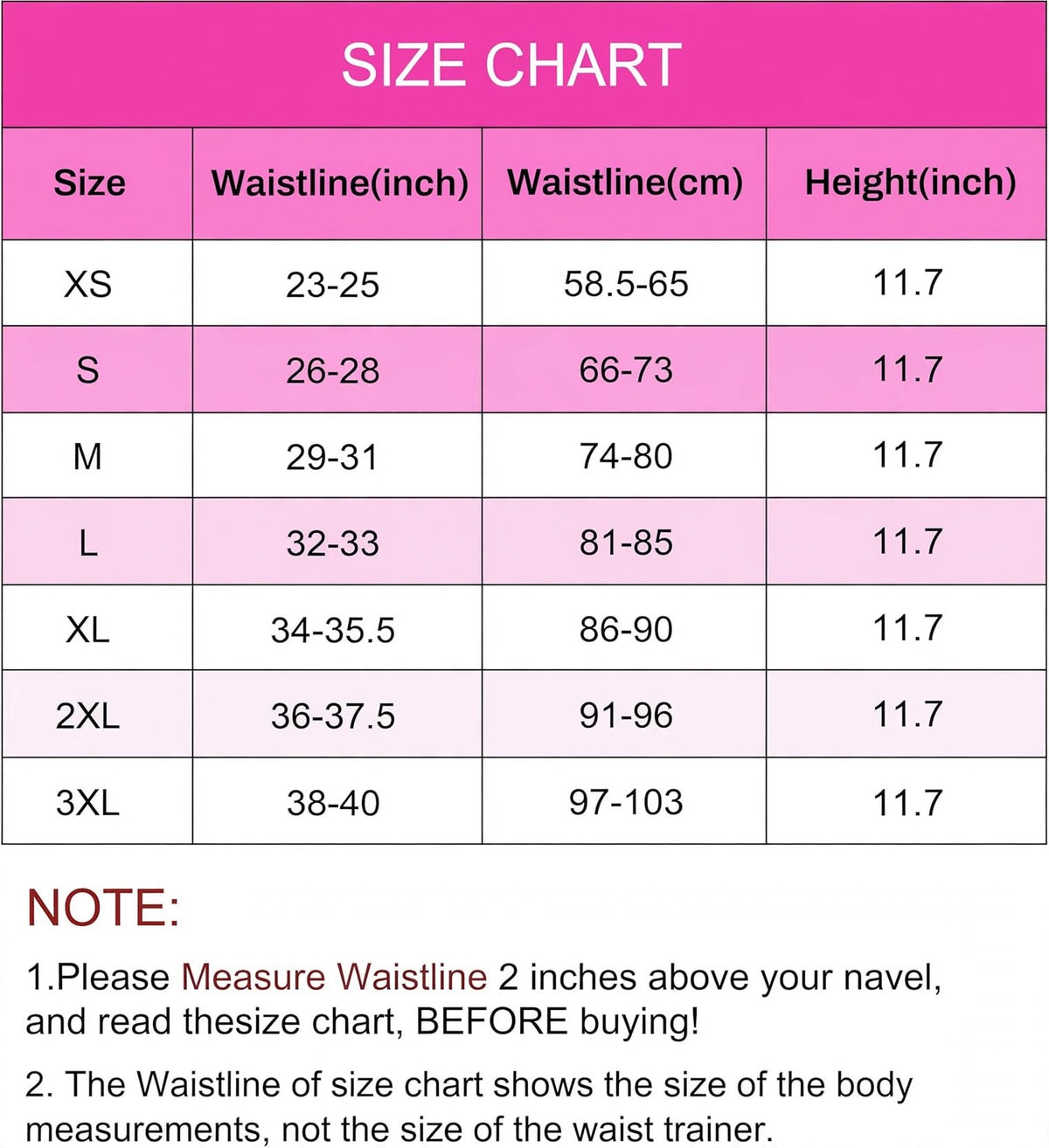 Size chart for women's waist trainer corset underbust, sweat belt shapewear with adjustable hooks and zipper for tummy control.