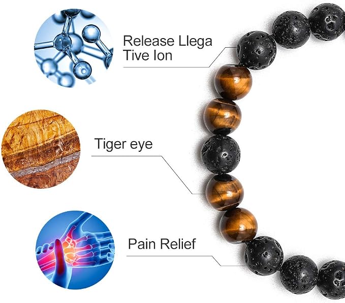 TINGN 8mm Natural Stone Bracelet - Lava Rock & Tiger Eye Adjustable Anxiety Aromatherapy Diffuser Bracelet for Men Women