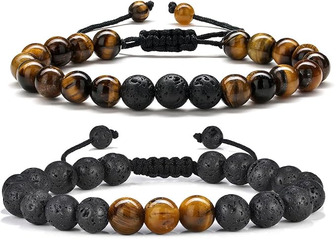 TINGN 8mm Natural Stone Bracelet - Lava Rock & Tiger Eye Adjustable Anxiety Aromatherapy Diffuser Bracelet for Men Women
