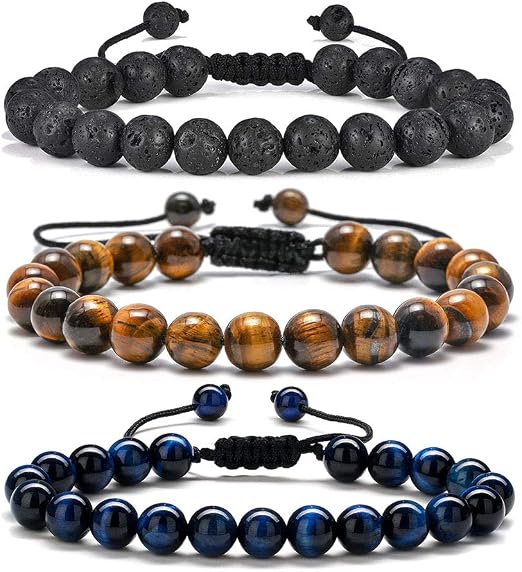 TINGN 8mm Natural Stone Bracelet - Lava Rock & Tiger Eye Adjustable Anxiety Aromatherapy Diffuser Bracelet for Men Women