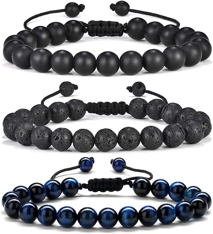TINGN 8mm Natural Stone Bracelet - Lava Rock & Tiger Eye Adjustable Anxiety Aromatherapy Diffuser Bracelet for Men Women
