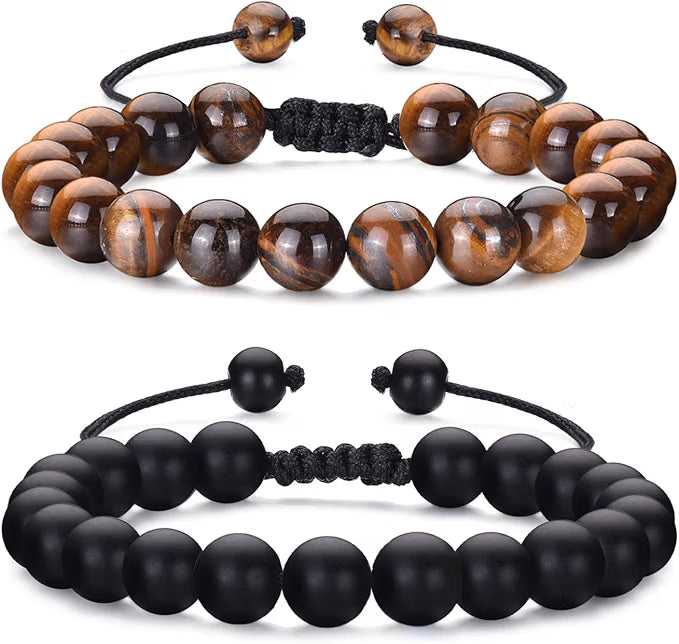 TINGN 8mm Natural Stone Bracelet - Lava Rock & Tiger Eye Adjustable Anxiety Aromatherapy Diffuser Bracelet for Men Women