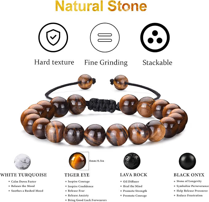 TINGN 8mm Natural Stone Bracelet - Lava Rock & Tiger Eye Adjustable Anxiety Aromatherapy Diffuser Bracelet for Men Women