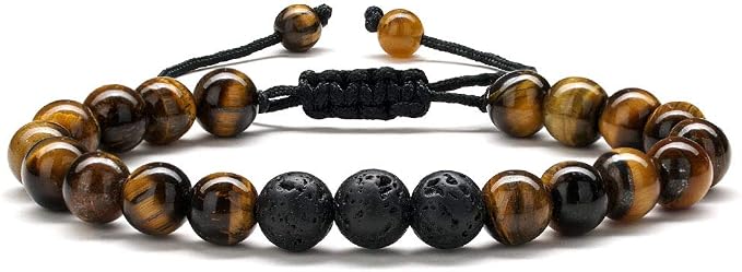TINGN 8mm Natural Stone Bracelet - Lava Rock & Tiger Eye Adjustable Anxiety Aromatherapy Diffuser Bracelet for Men Women