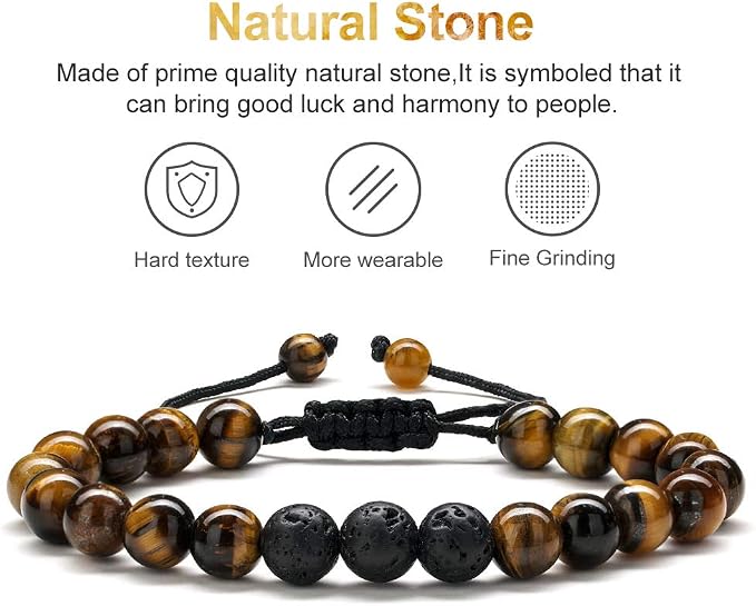 TINGN 8mm Natural Stone Bracelet - Lava Rock & Tiger Eye Adjustable Anxiety Aromatherapy Diffuser Bracelet for Men Women
