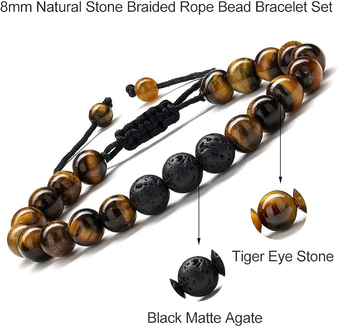 TINGN 8mm Natural Stone Bracelet - Lava Rock & Tiger Eye Adjustable Anxiety Aromatherapy Diffuser Bracelet for Men Women