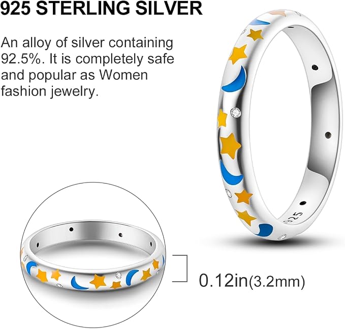 MULA S925 Sterling Silver Rings for Women | Stackable CZ Vintage Band Set | Moon Star, Cat, Evil Eye, Floral Styles