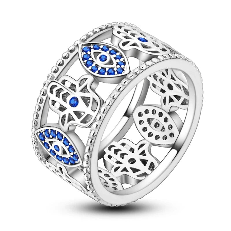 MULA S925 Sterling Silver Rings for Women | Stackable CZ Vintage Band Set | Moon Star, Cat, Evil Eye, Floral Styles