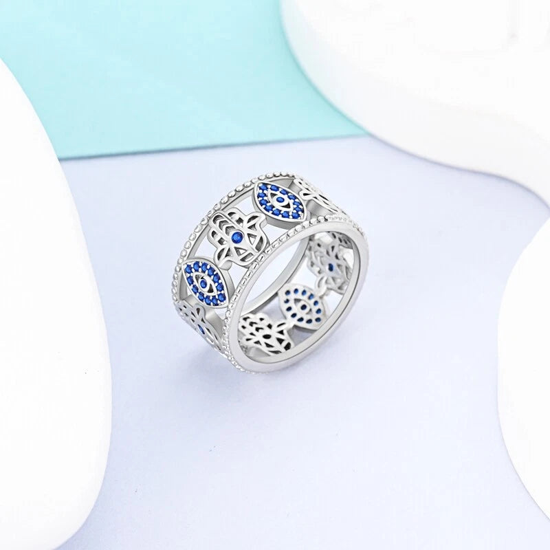 MULA S925 Sterling Silver Rings for Women | Stackable CZ Vintage Band Set | Moon Star, Cat, Evil Eye, Floral Styles