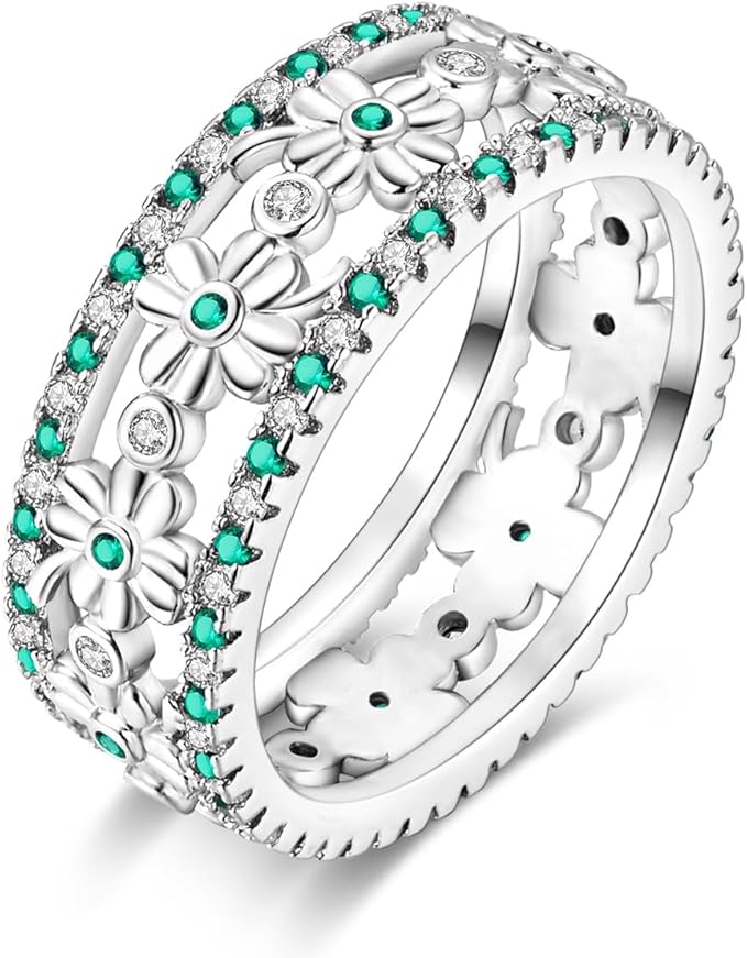 MULA S925 Sterling Silver Rings for Women | Stackable CZ Vintage Band Set | Moon Star, Cat, Evil Eye, Floral Styles