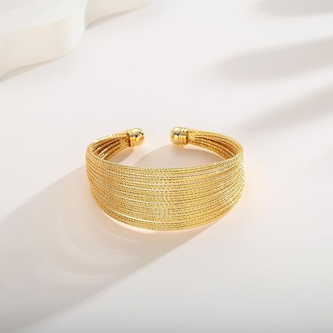 Jewlure 18K Gold Plated Chunky Cuff Bracelet for Women - Adjustable Open Wide Bangle, Hypoallergenic, Gift Ready