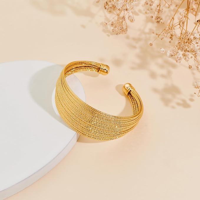 Jewlure 18K Gold Plated Chunky Cuff Bracelet for Women - Adjustable Open Wide Bangle, Hypoallergenic, Gift Ready