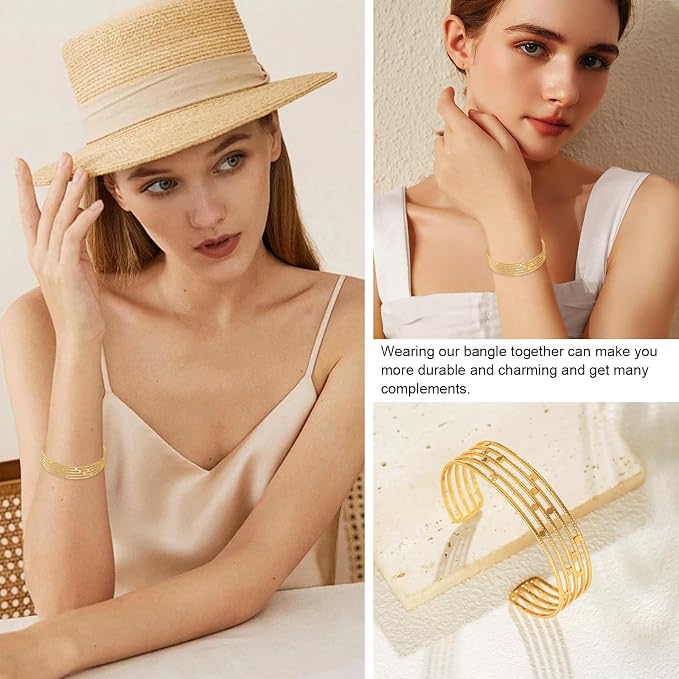 Jewlure 18K Gold Plated Chunky Cuff Bracelet for Women - Adjustable Open Wide Bangle, Hypoallergenic, Gift Ready