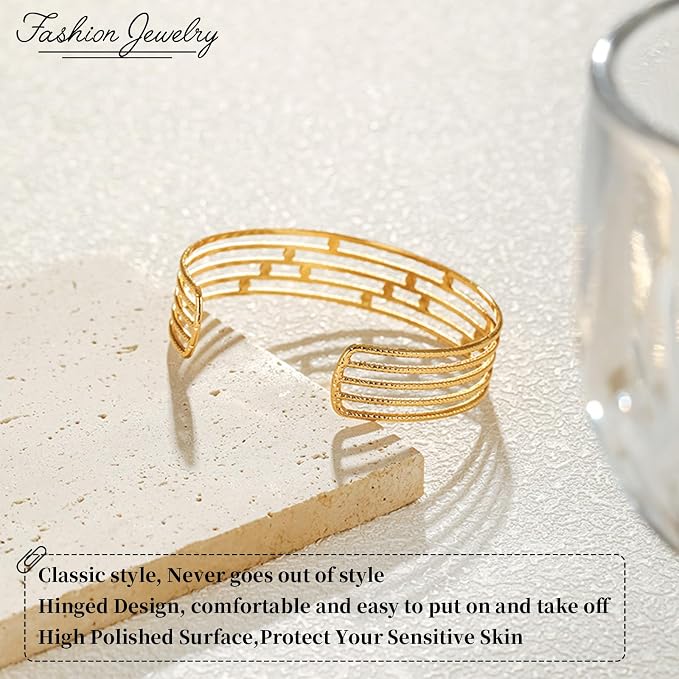 Jewlure 18K Gold Plated Chunky Cuff Bracelet for Women - Adjustable Open Wide Bangle, Hypoallergenic, Gift Ready