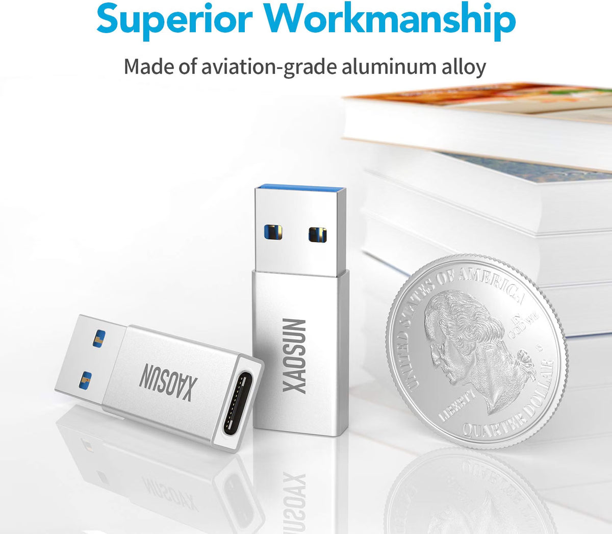 XAOSUN 2-Pack 10Gbps USB A to USB C Adapter - USB 3.2 100W Fast Charging Silver
