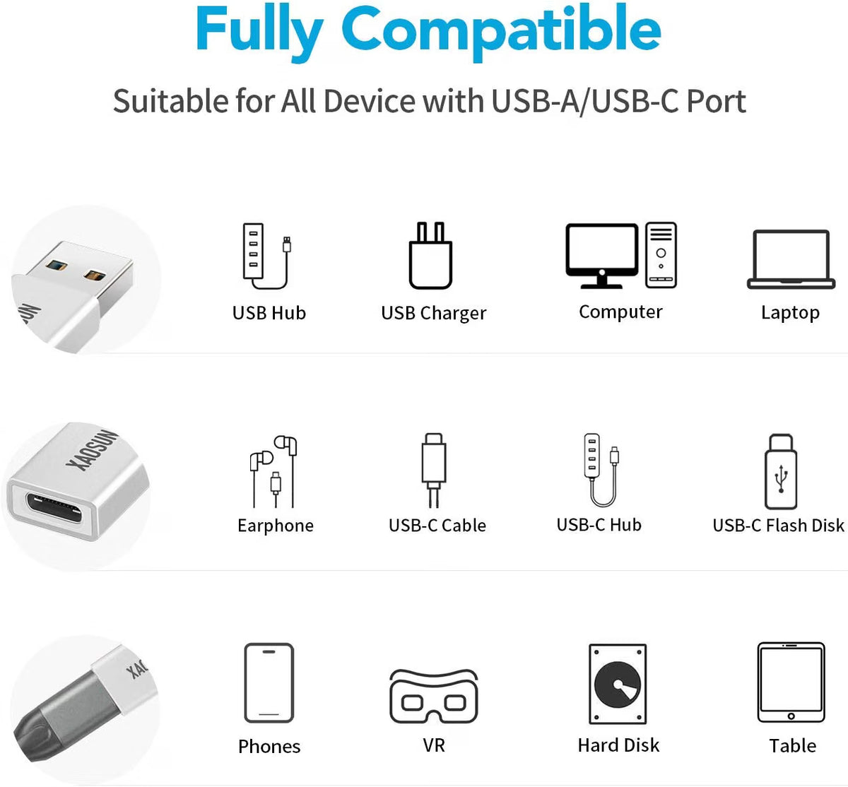 XAOSUN 2-Pack 10Gbps USB A to USB C Adapter - USB 3.2 100W Fast Charging Silver