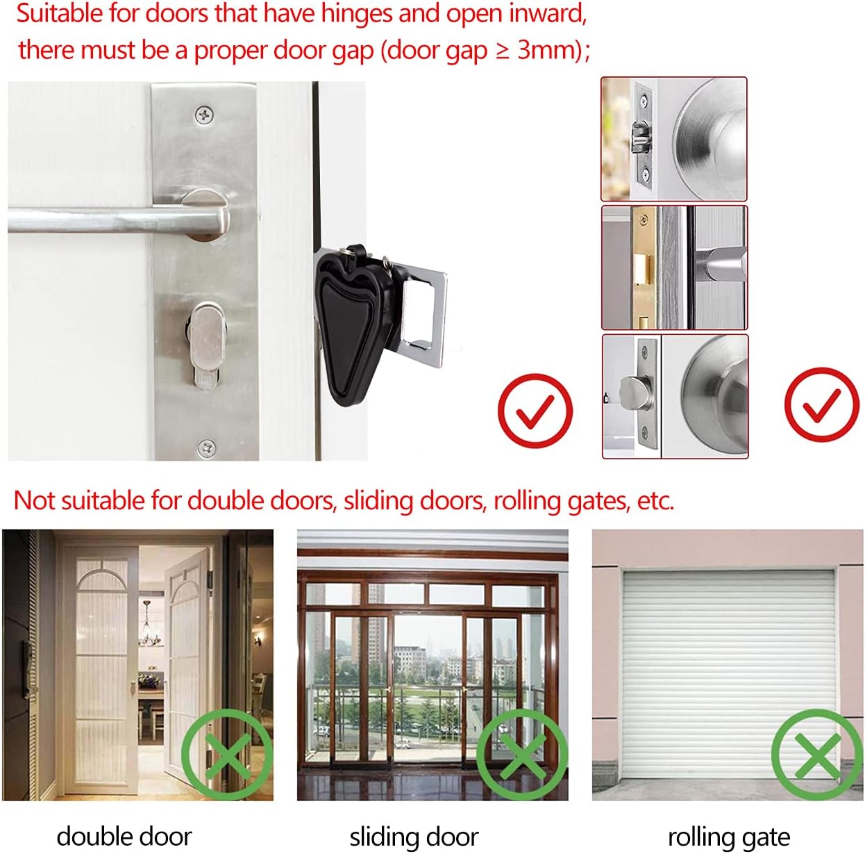 Xhwykzz portable door lock securing inward-opening doors for travel, home, hotel, and apartment safety, no tools needed.