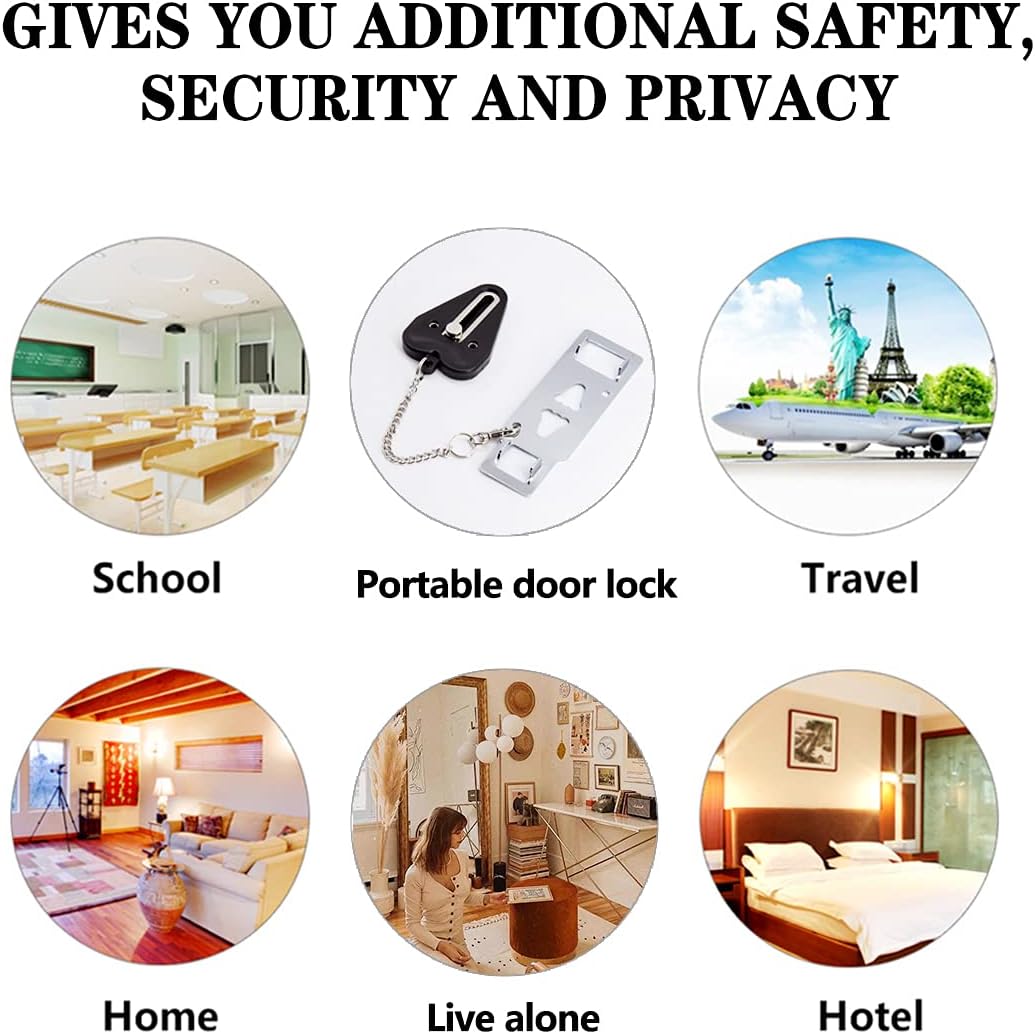 Xhwykzz portable door lock securing inward-opening doors, ideal for travel, hotel, home, and apartment safety.