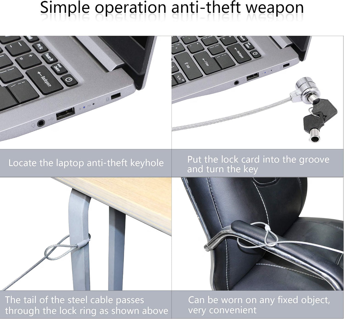 YACSEJAO Laptop Security Cable Lock 1.8M - Universal Anti-Theft Steel Cable with T-Bar Lock & 2 Keys for Laptops, Monitors, Projectors