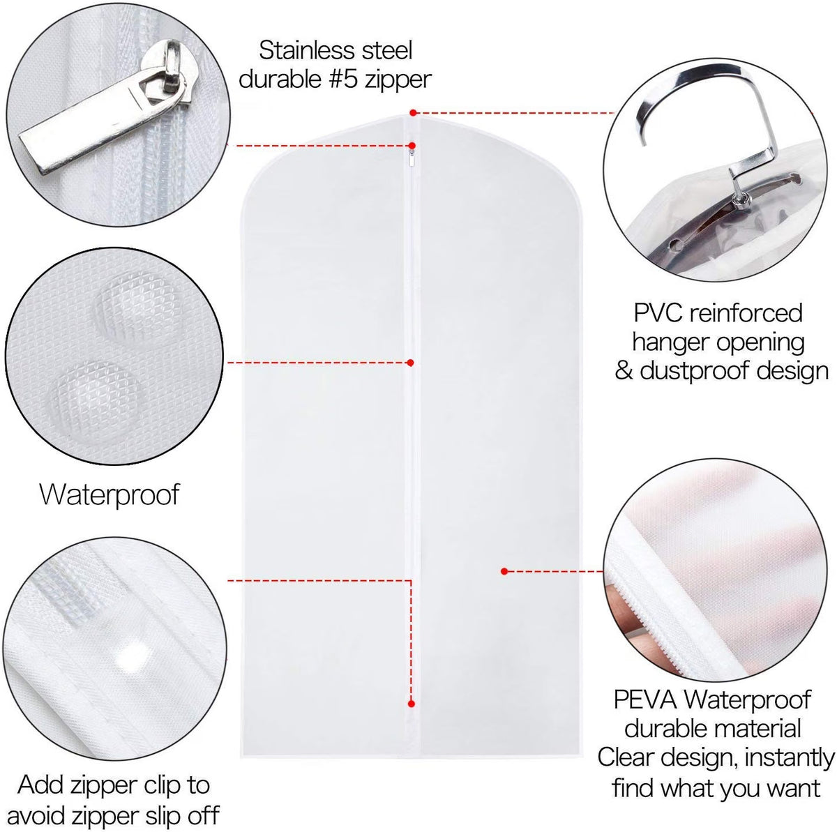 Yibak 5-Pack 60 Inch Garment Bags - Clear Suit Covers for Closet Storage - Long Dress Bags for Gowns, Coats, Suits - 60 x 152CM