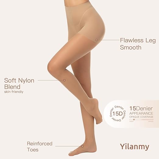 Yilanmy Sheer Tights for Women – 15 Denier Ultra Thin, Run-Resistant & High Waist Control Top Pantyhose (2 Pairs) – Natural - Zeta Store