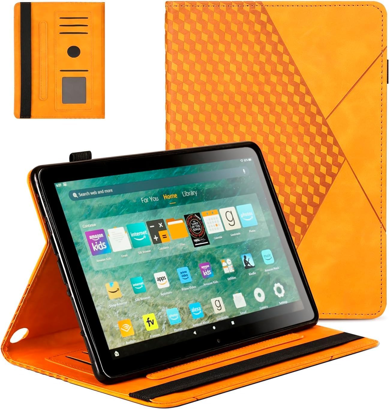 Yingphia universal 11-inch tablet case for Fire Max 11 in khaki with multi-angle stand, auto wake/sleep, card holder, and double protection