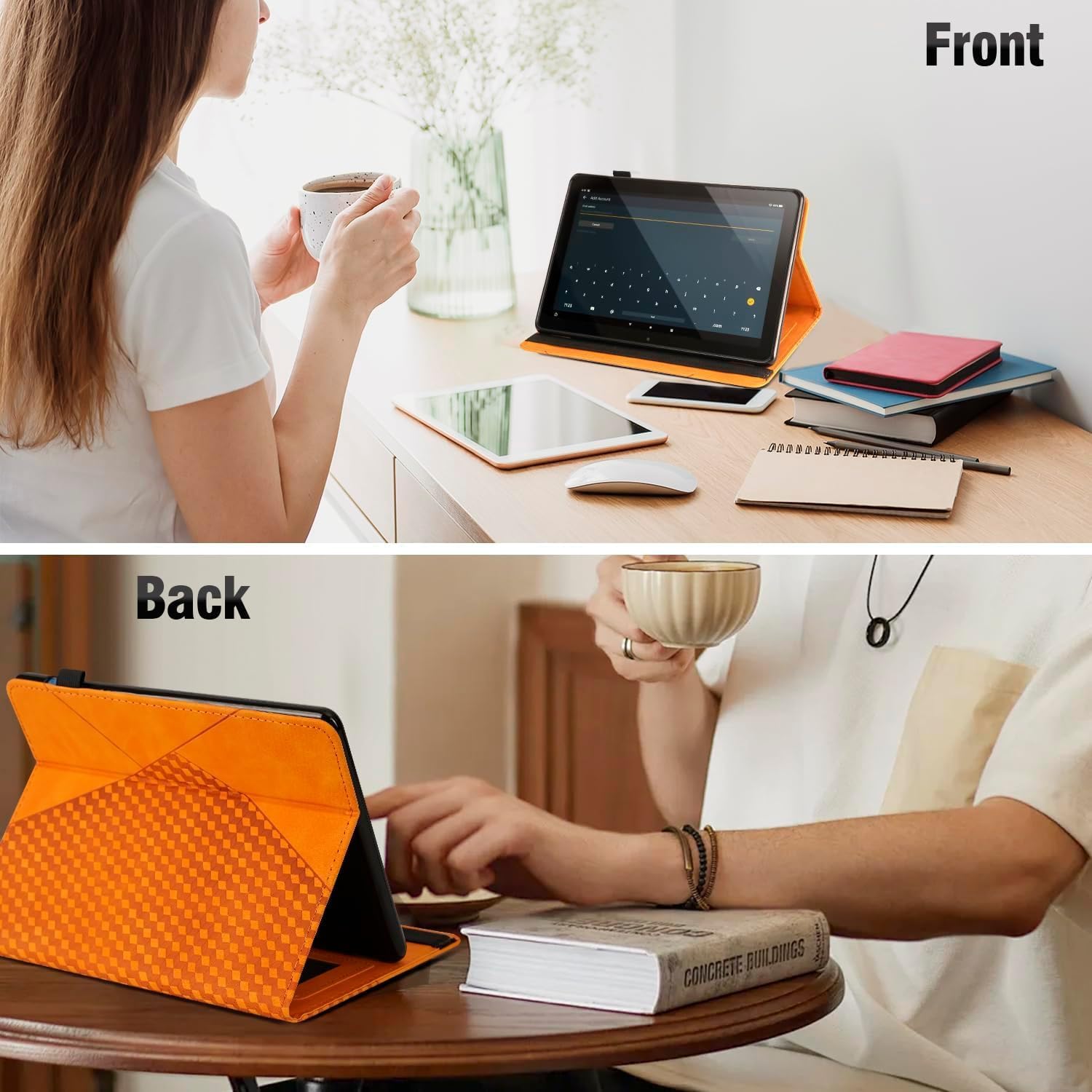 Yingphia 11-inch Fire Max 2023 tablet case in khaki with multi-angle stand, auto wake/sleep, card holder, and double protection.