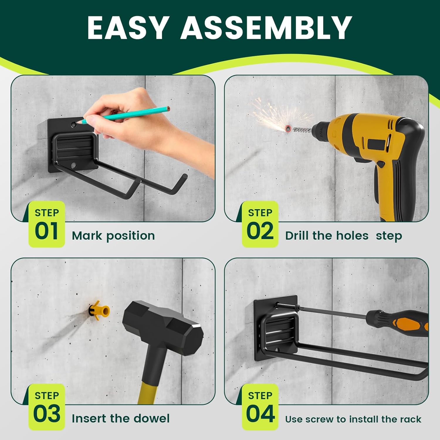Zacurter garden tool storage rack with two solid metal hooks, holds shovels, rakes, and brooms up to 22kg each for garage organization.