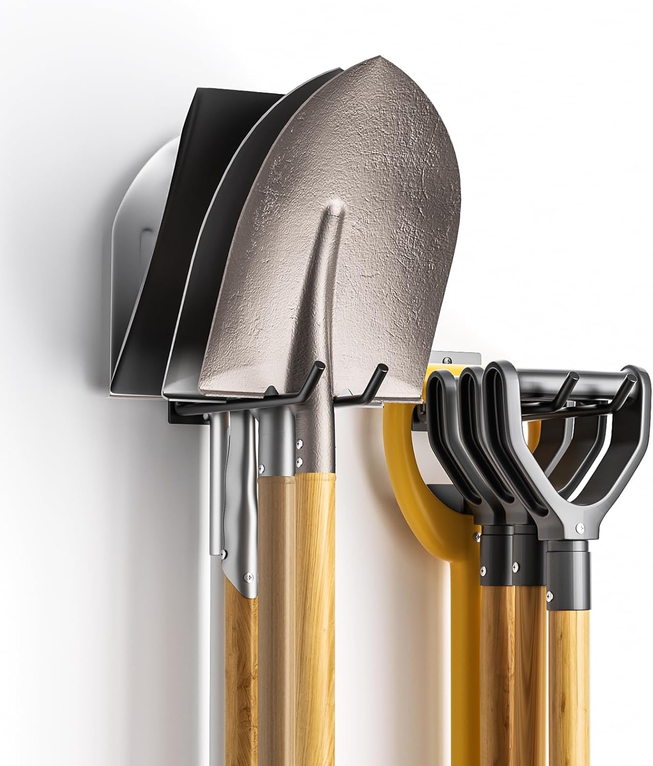 Zacurter garden tool storage rack with 2 solid metal hooks holding shovels, rakes, and brooms in garage or shed.