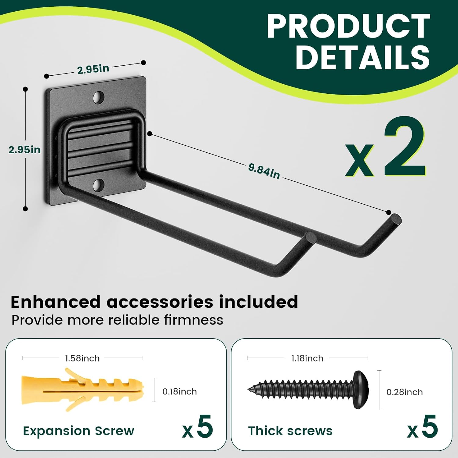Zacurter garden tool storage rack with two solid metal hooks, holds shovels, rakes, and brooms, 22kg capacity per hook.