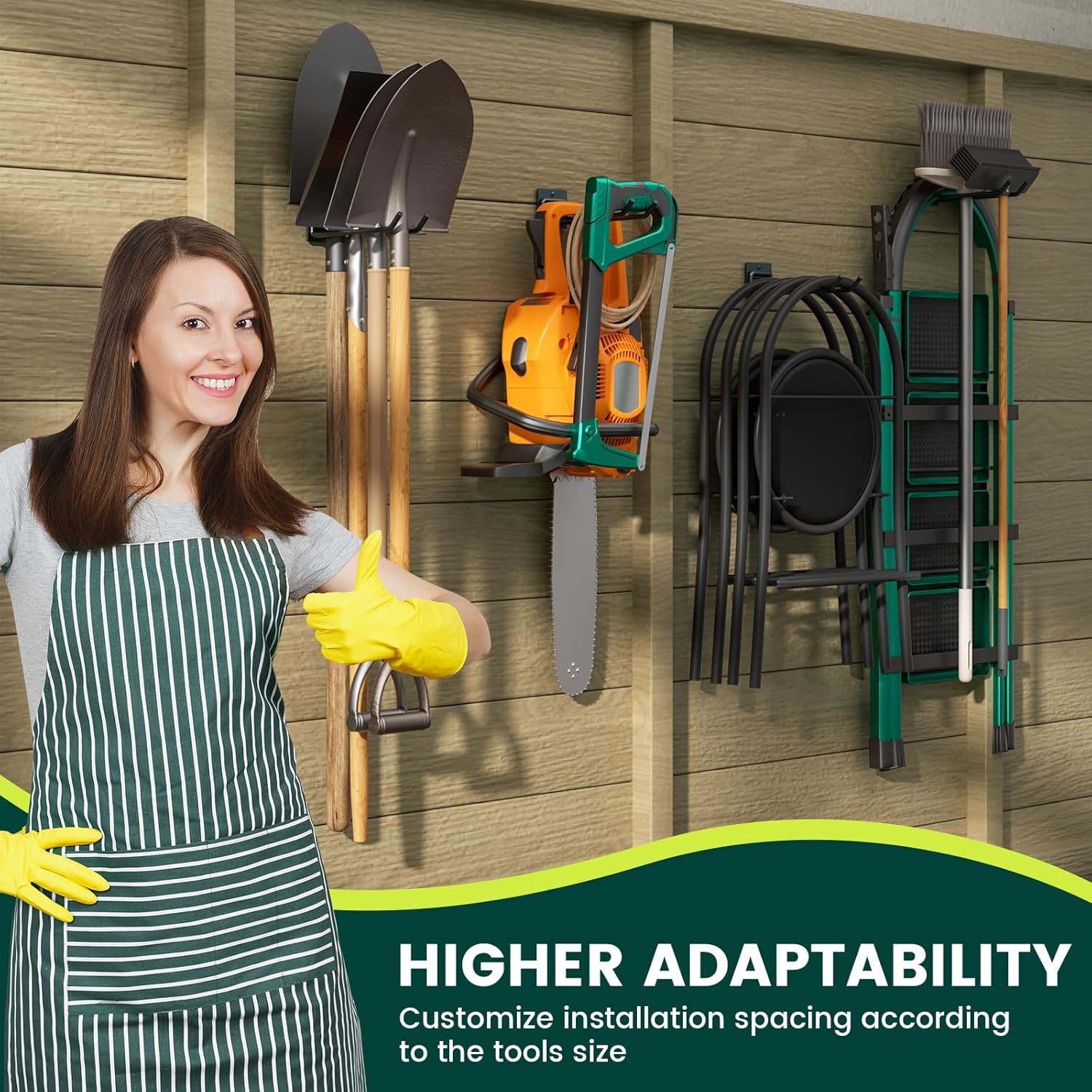 Zacurter garden tool storage rack with two solid metal hooks holding shovels, rakes, and brooms in a garage or shed.