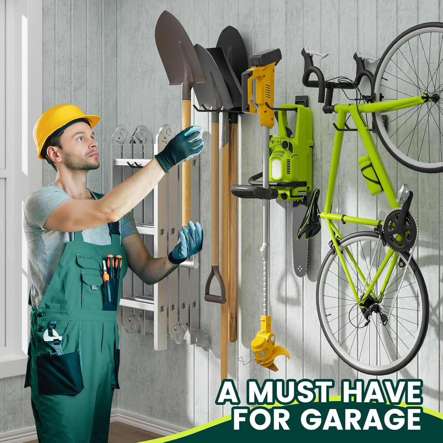 Zacurter garden tool storage rack with two solid metal hooks, holds up to 22kg each, for shovels, rakes, and brooms in garage or shed.