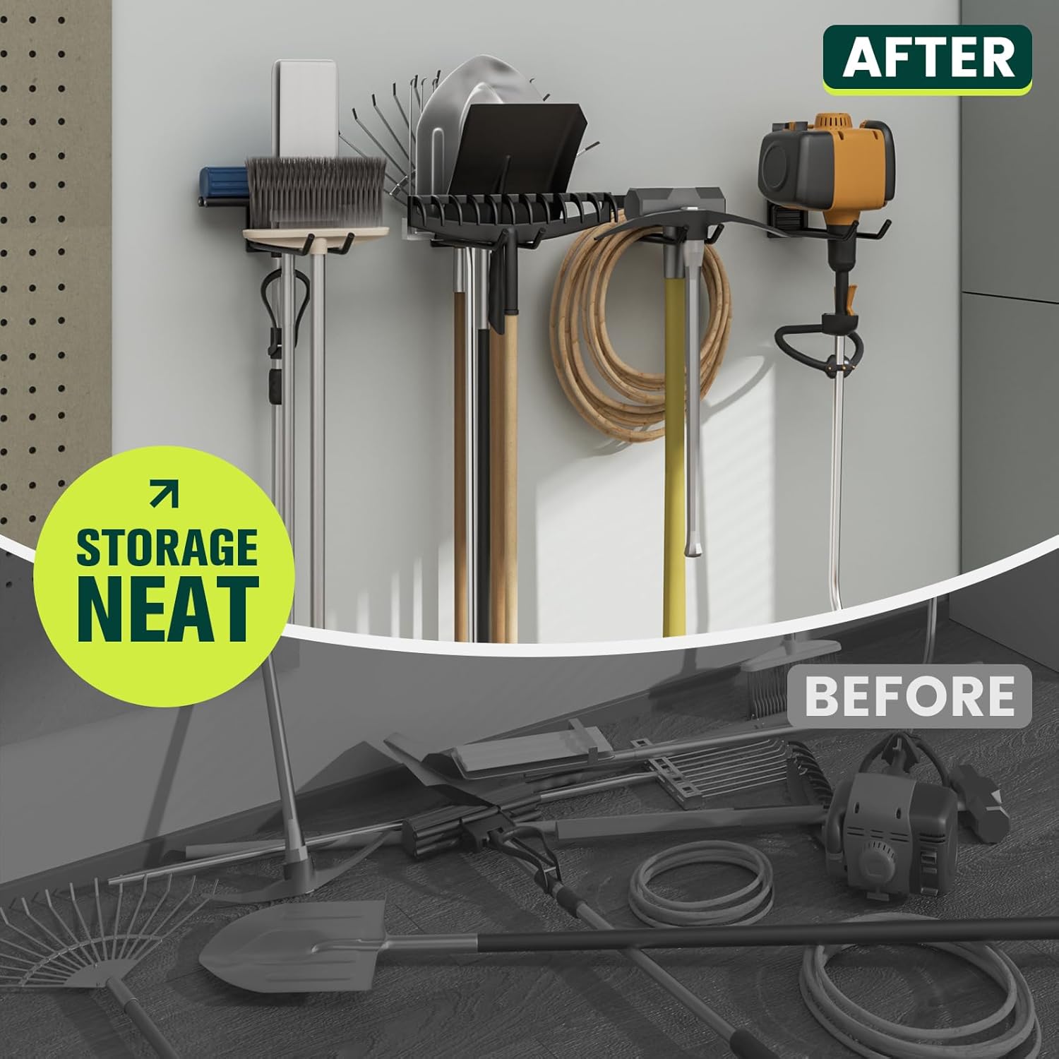Zacurter garden tool storage rack with 2 solid metal hooks, holds 22kg each, for shovels, rakes, and brooms in garage or shed.