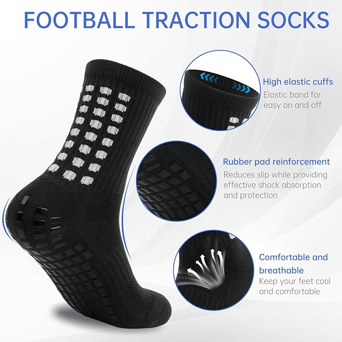 Zuimei 4 Pairs Kids Football Grip Socks Size 4-5.5 Black - Anti-Slip Traction Socks Size 4-5.5 Black
