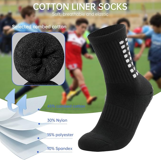 Zuimei 4 Pairs Kids Football Grip Socks Size 4-5.5 Black - Anti-Slip Traction Socks Size 4-5.5 Black