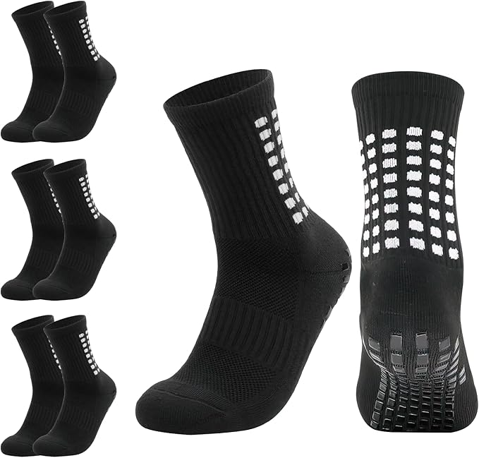 Zuimei 4 Pairs Kids Football Grip Socks Size 4-5.5 Black - Anti-Slip Traction Socks Size 4-5.5 Black