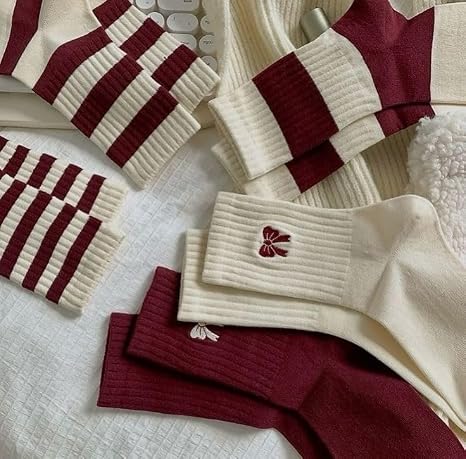 Zuimei 5 Pairs Womens Non Slip Yoga Socks UK 4-7 - Pilates Grip Socks with Bow, Striped Mid-Calf, Burgundy & White