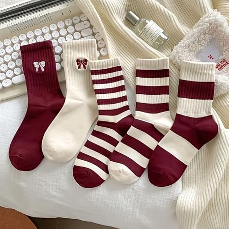 Zuimei 5 Pairs Womens Non Slip Yoga Socks UK 4-7 - Pilates Grip Socks with Bow, Striped Mid-Calf, Burgundy & White